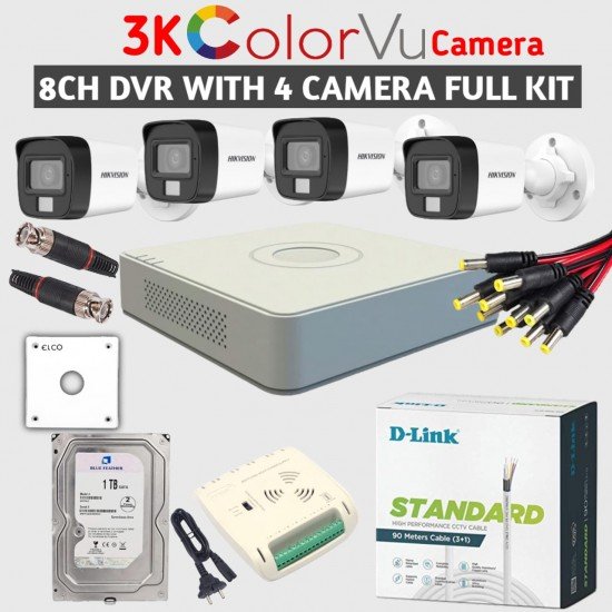 HIKVISION 8CH DVR WITH 3K COLORVU BULLET CAMERAS WITH AUDIO 4PCS + 1TB HDD + DLINK (1+3) CABLE ROLL  + FYBER 8CH POWER SUPPLY + BNC + PVC BOX & DC FULL COMBO KIT